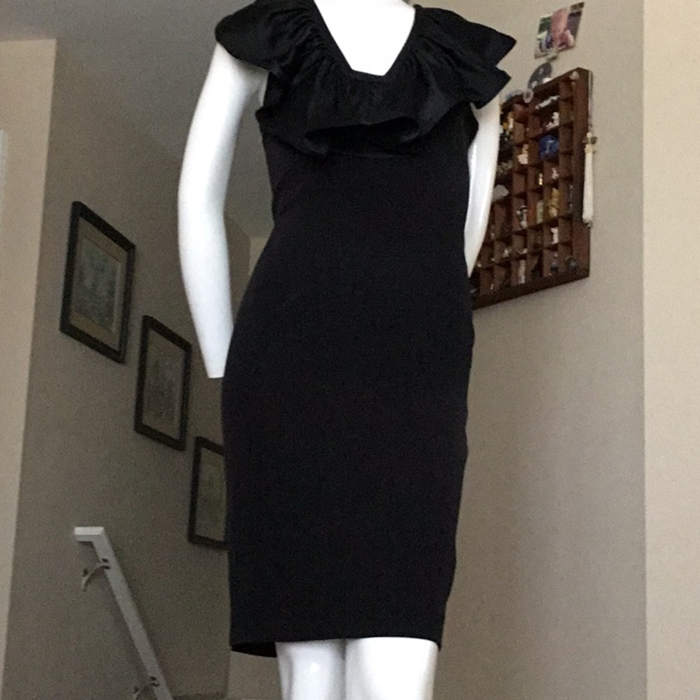 Jay Godfrey Silk Lycra Ruffle Neck Cocktail Dress Sz 4 Altered Black Sheath